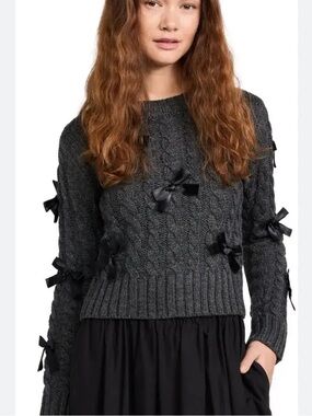 English Factory Charcoal Cable-Knit Bow Sweater - size medium NWT
